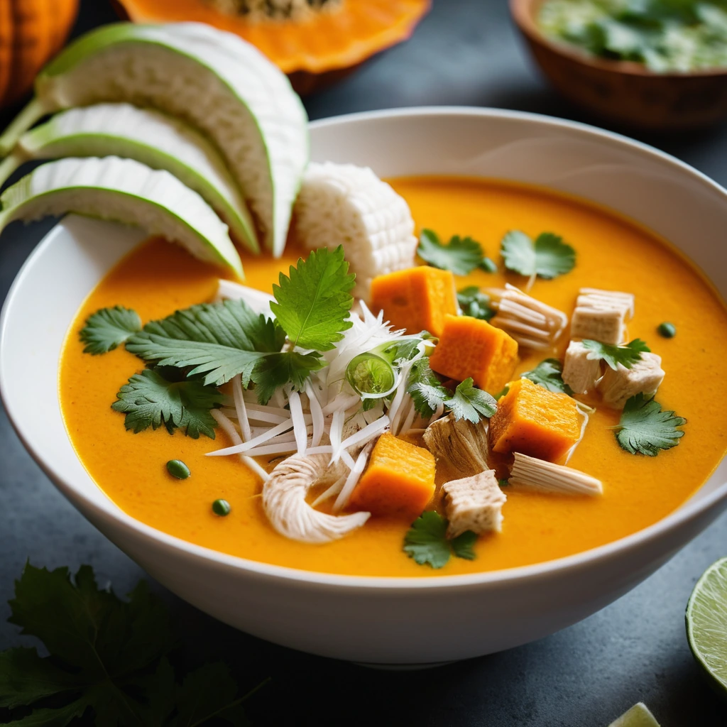 Steaming bowl of vibrant orange soup with chicken chunks and pumpkin cubes, garnished with fresh cilantro.