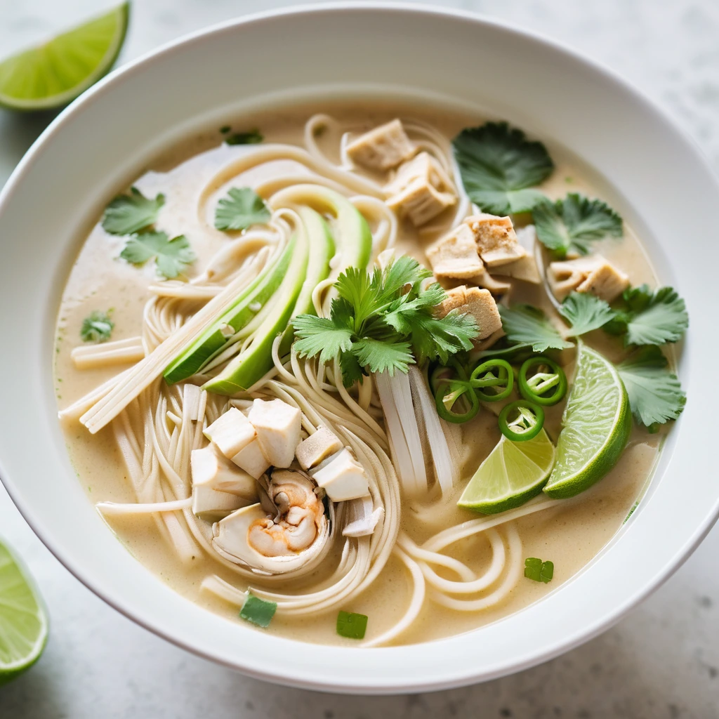 Bowl of creamy yellow soup with chunks of chicken, green onions, and lime wedge on the side