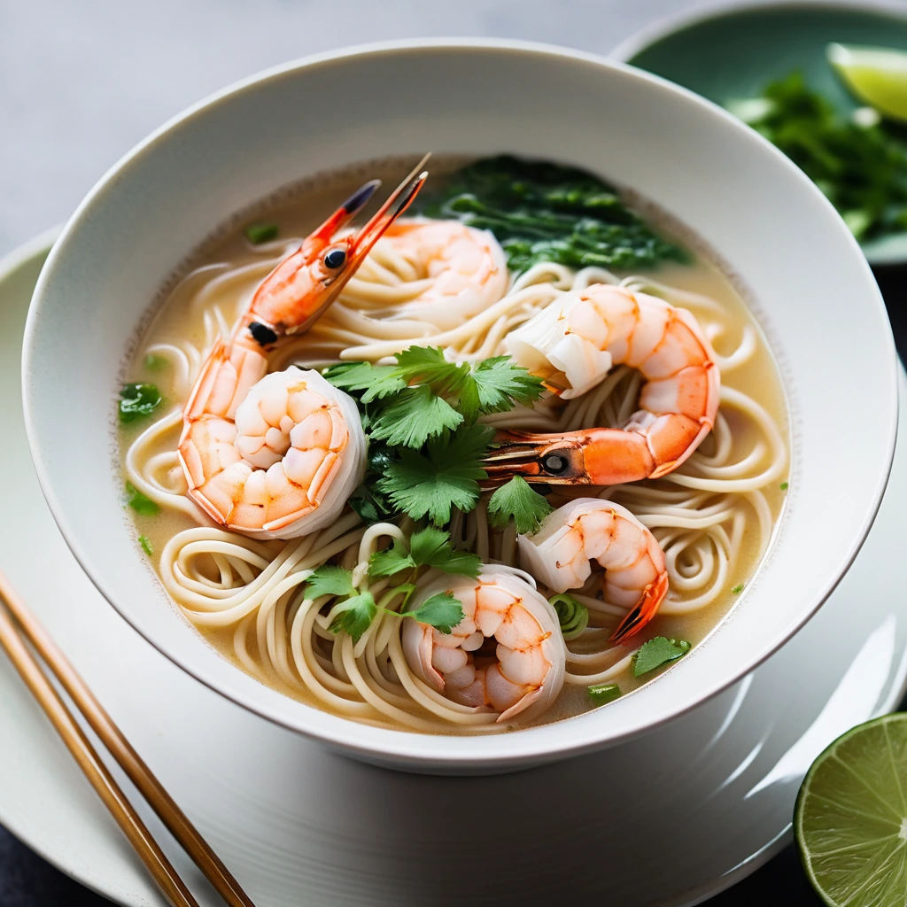 Steaming bowl of creamy soup with shrimp, noodles, and green onions.