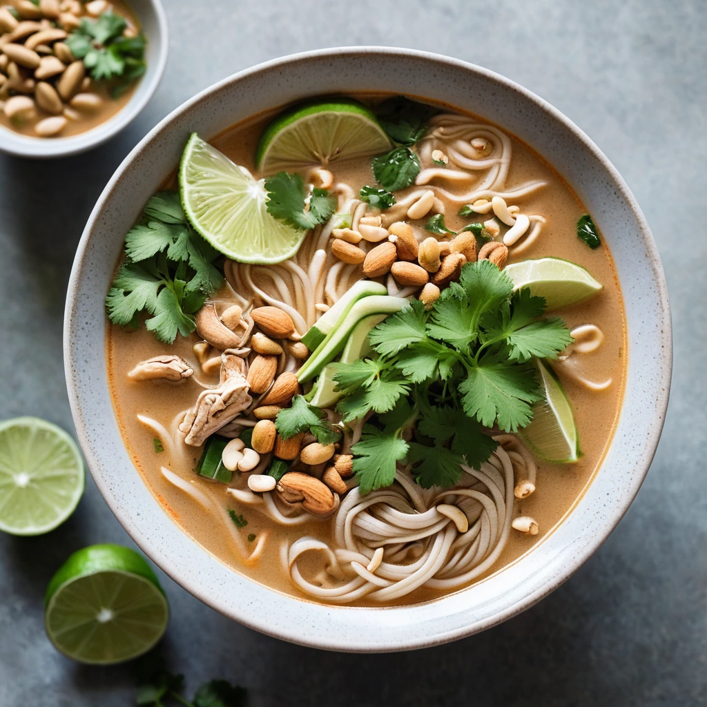 Bowl of steamy soup with chicken, noodles, and peanuts topped with cilantro and a lime wedge.