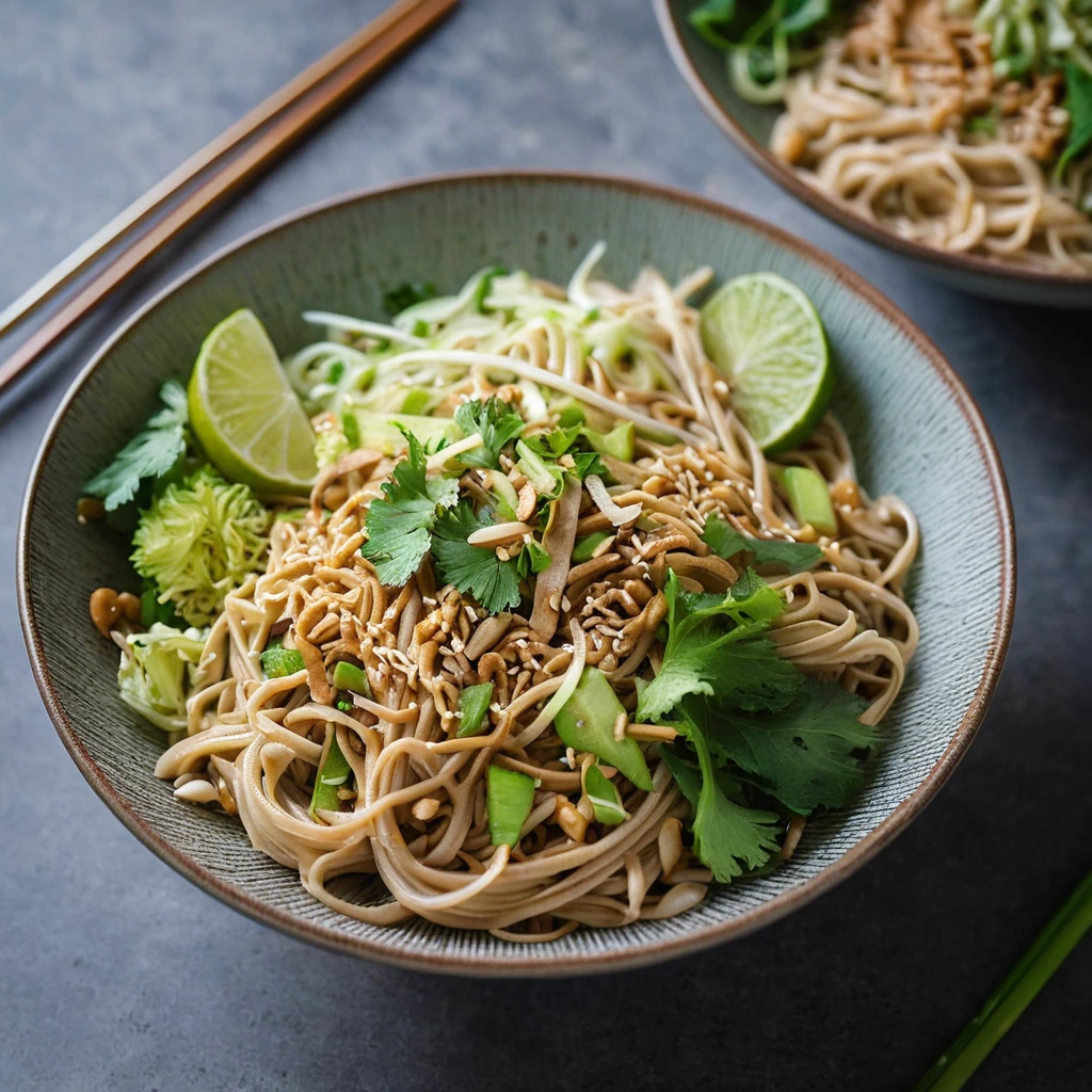 Bowl of noodles topped with shredded green cabbage, drizzled with peanut sauce and garnished with sesame seeds