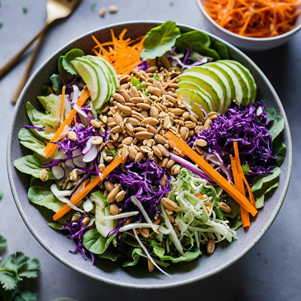 Colorful salad with purple cabbage, orange carrots, and a drizzle of peanut dressing in a white bowl.