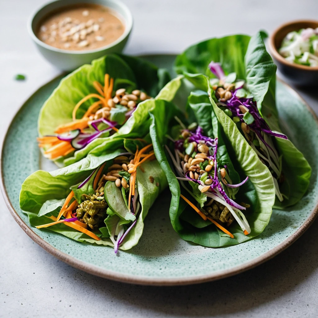 Colorful lettuce wraps filled with vibrant vegetables and drizzled with peanut sauce, served on a white plate.