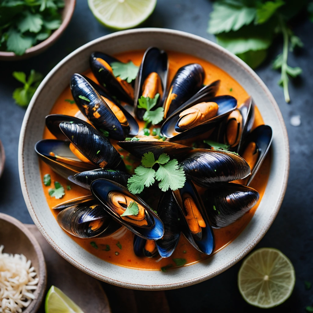 Steaming bowl of mussels in a rich red sauce, garnished with fresh cilantro.