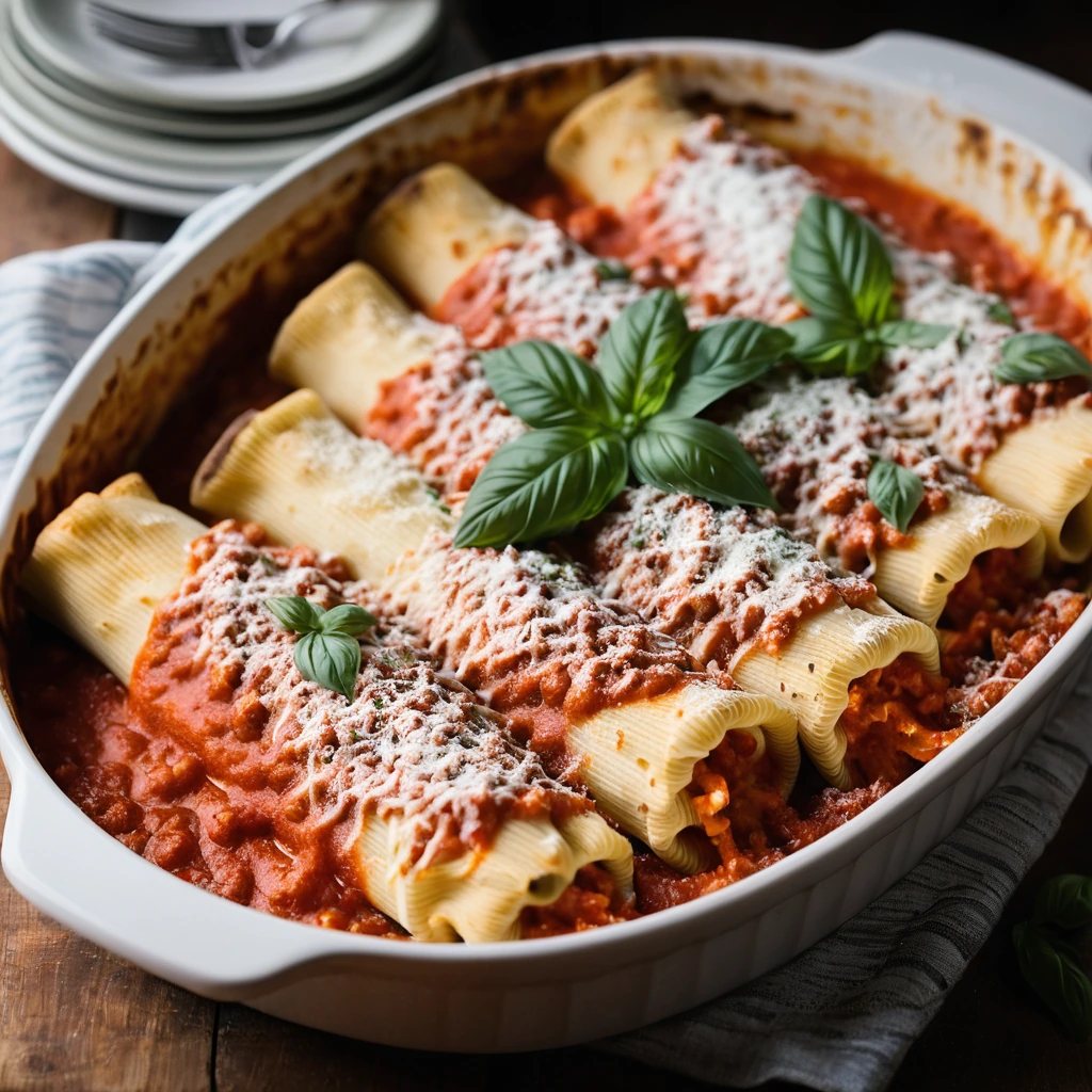 Baked manicotti shells in a red sauce with a golden, bubbly cheese topping arranged on a rustic wooden board.