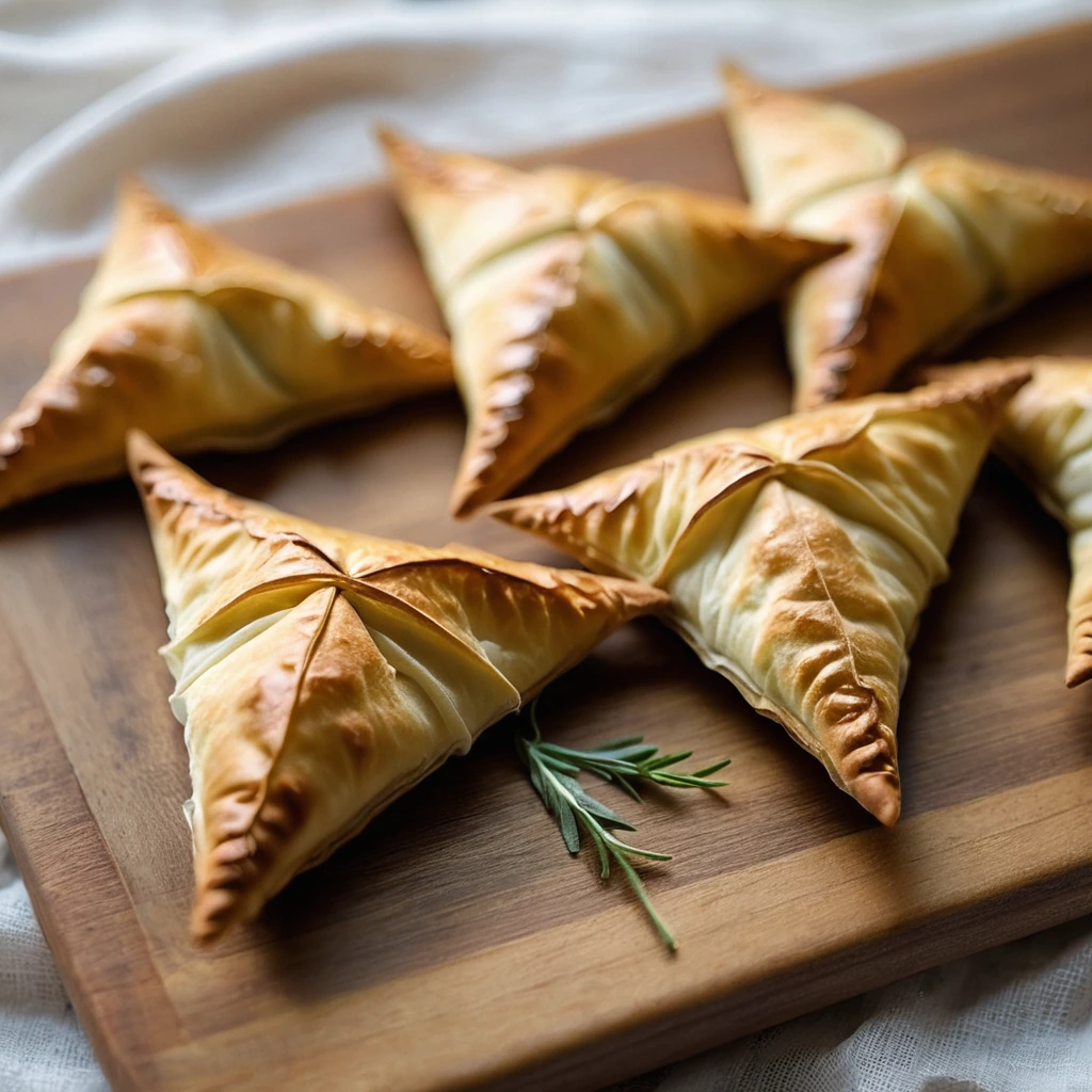 Golden phyllo triangles filled with creamy white cheese on a wooden board