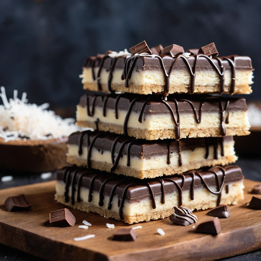 Golden bars dusted with coconut and drizzled with dark chocolate on a rustic wooden board.