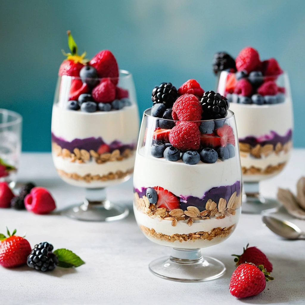 Layers of coconut yogurt, toasted coconut flakes, and fresh mixed berries in a glass parfait.