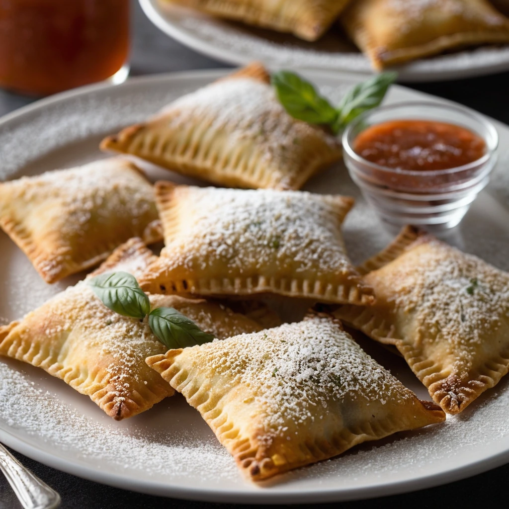 Plate of golden brown ravioli with a dusting of grated parmesan and a drizzle of marinara sauce.