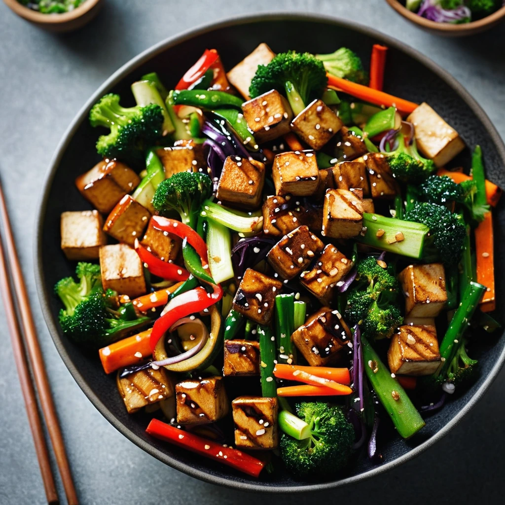 Colorful stir fry in a sizzling pan with chunks of tofu and vibrant vegetables glazed in a shiny teriyaki sauce.