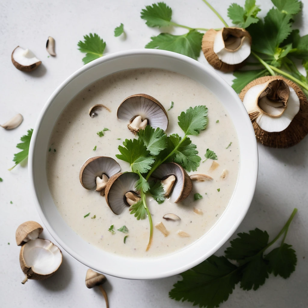 Bowl of creamy white soup with sliced mushrooms and fresh cilantro leaves scattered on top.