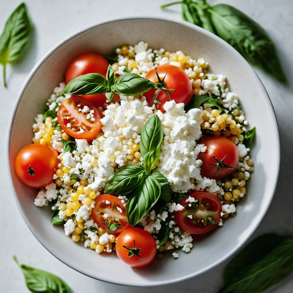 Bowl of yellow pearl couscous topped with red tomato chunks, basil leaves, and torn burrata