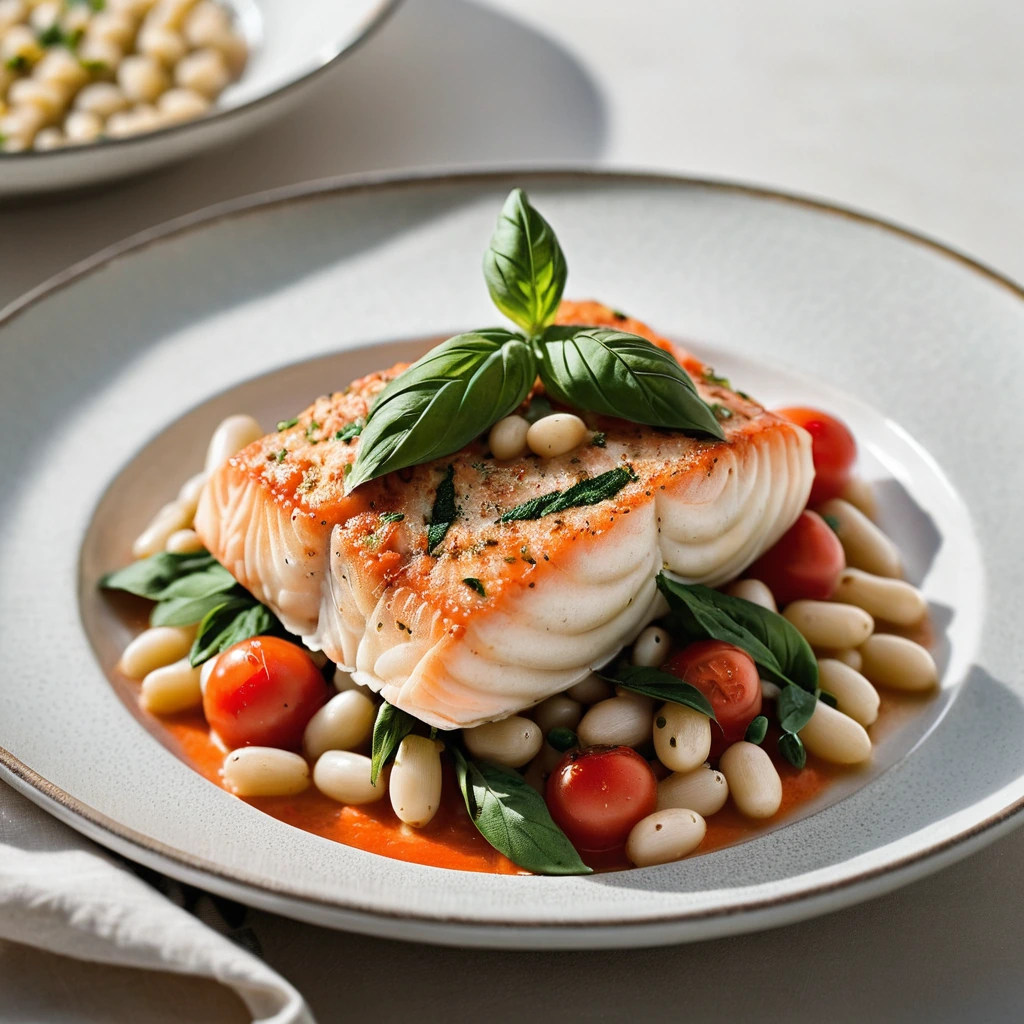 Golden halibut fillets on a bed of white beans, drizzled with a vibrant red tomato-basil sauce, garnished with fresh basil leaves.