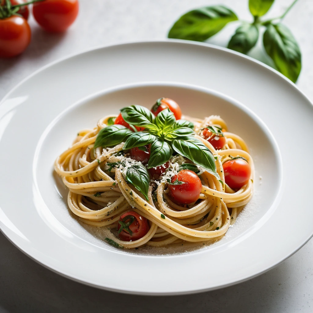 Golden bucatini pasta in a glossy red and green sauce, sprinkled with fresh basil leaves on a white plate.