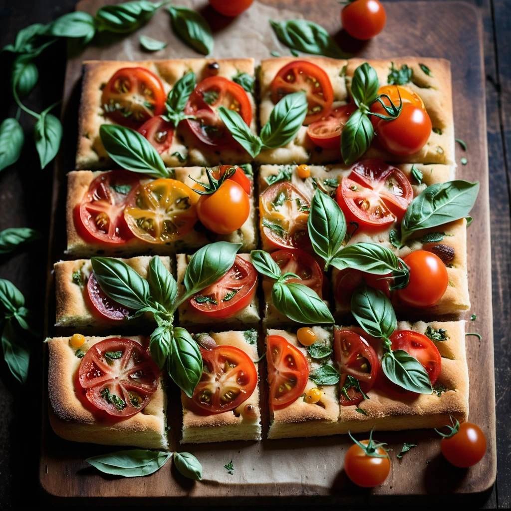 Rectangular golden focaccia with cherry tomatoes and fresh basil leaves, served on a rustic wooden board.