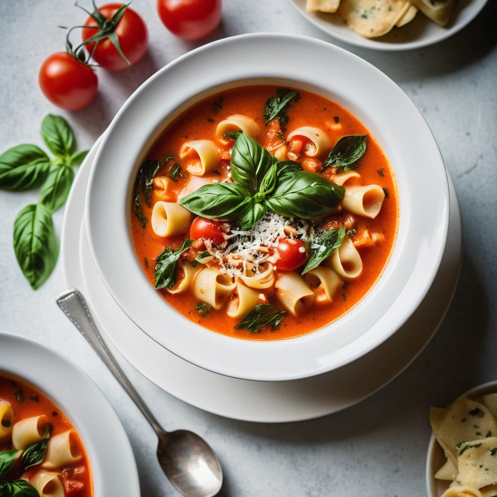 Steamy bowl of tortellini soup with tomato chunks, basil leaves, and grated Parmesan on top.