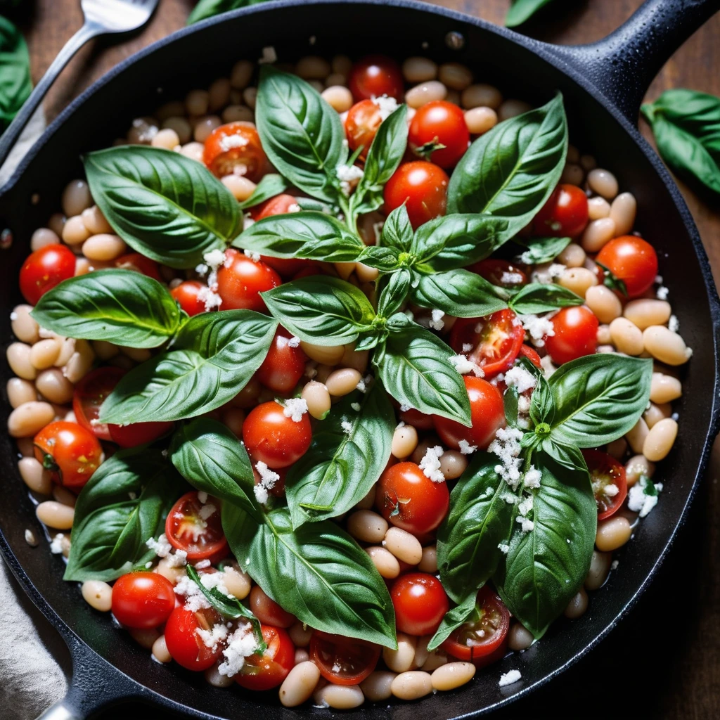 Rustic skillet with vibrant red tomatoes, green basil leaves, and melted Parmesan cheese