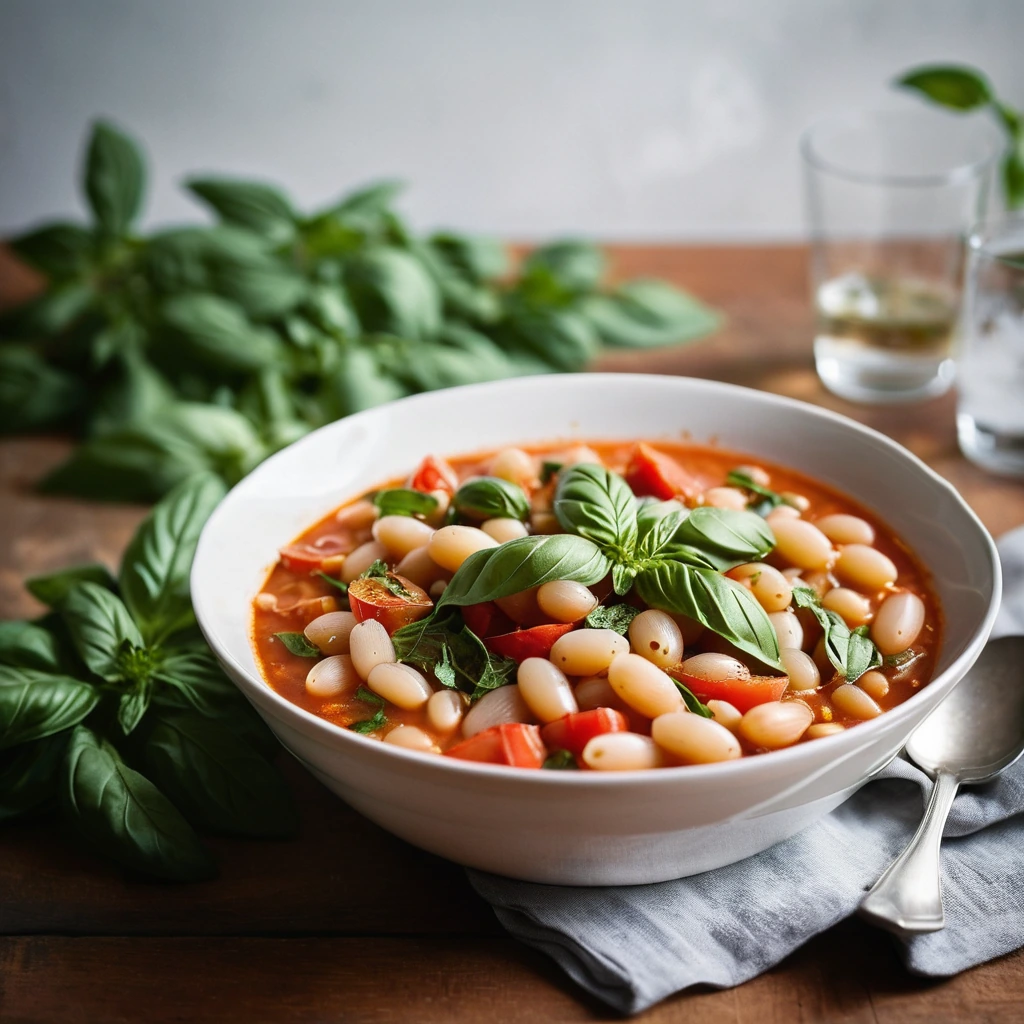 Steaming white bowl of tomato and basil stew with white beans, topped with fresh basil leaves.