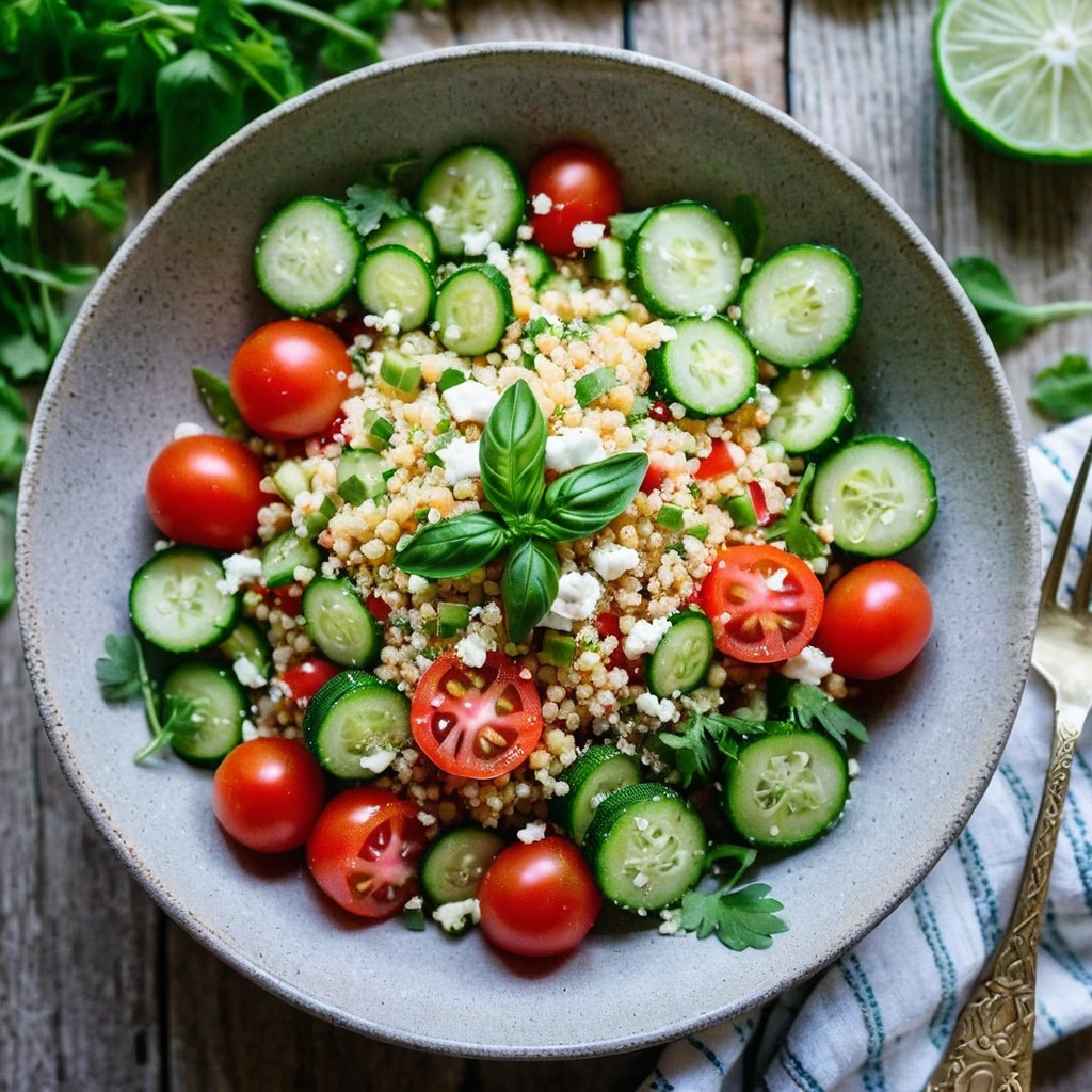 A plated serving of Tomato Cucumber Couscous Salad