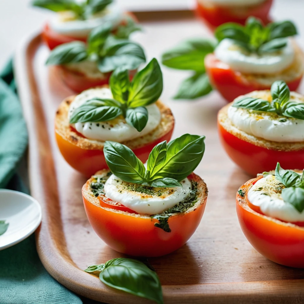 Muffin tin filled with baked egg cups, each topped with red tomato, melted mozzarella, and green basil leaves.
