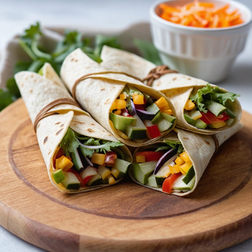 Crispy golden tortilla wraps filled with colorful veggies and cheese, folded into triangles on a wooden board.