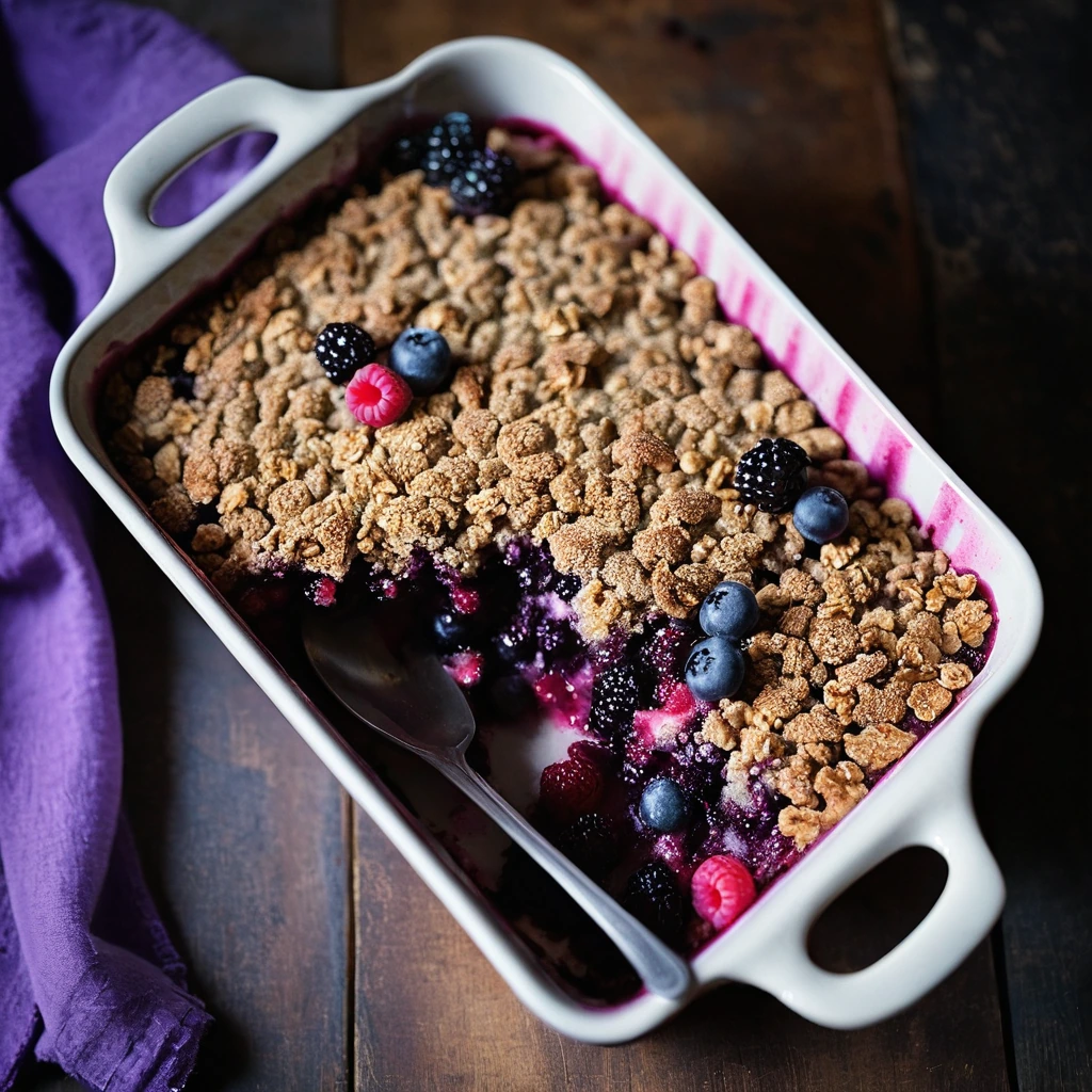 golden brown crumble topping over a vibrant purple berry filling in a rustic baking dish