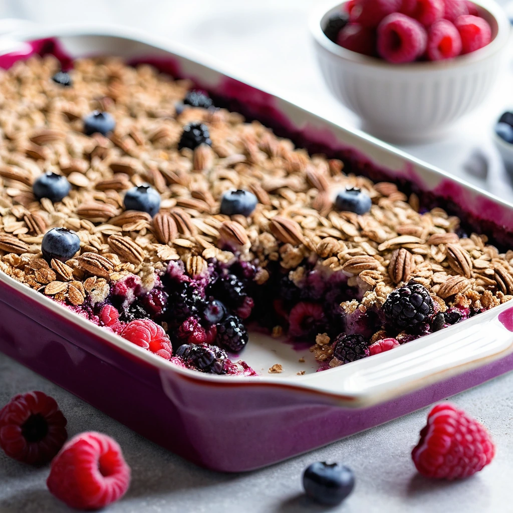 Golden oat crumble topping over mixed red and purple berries in a rustic ceramic baking dish.