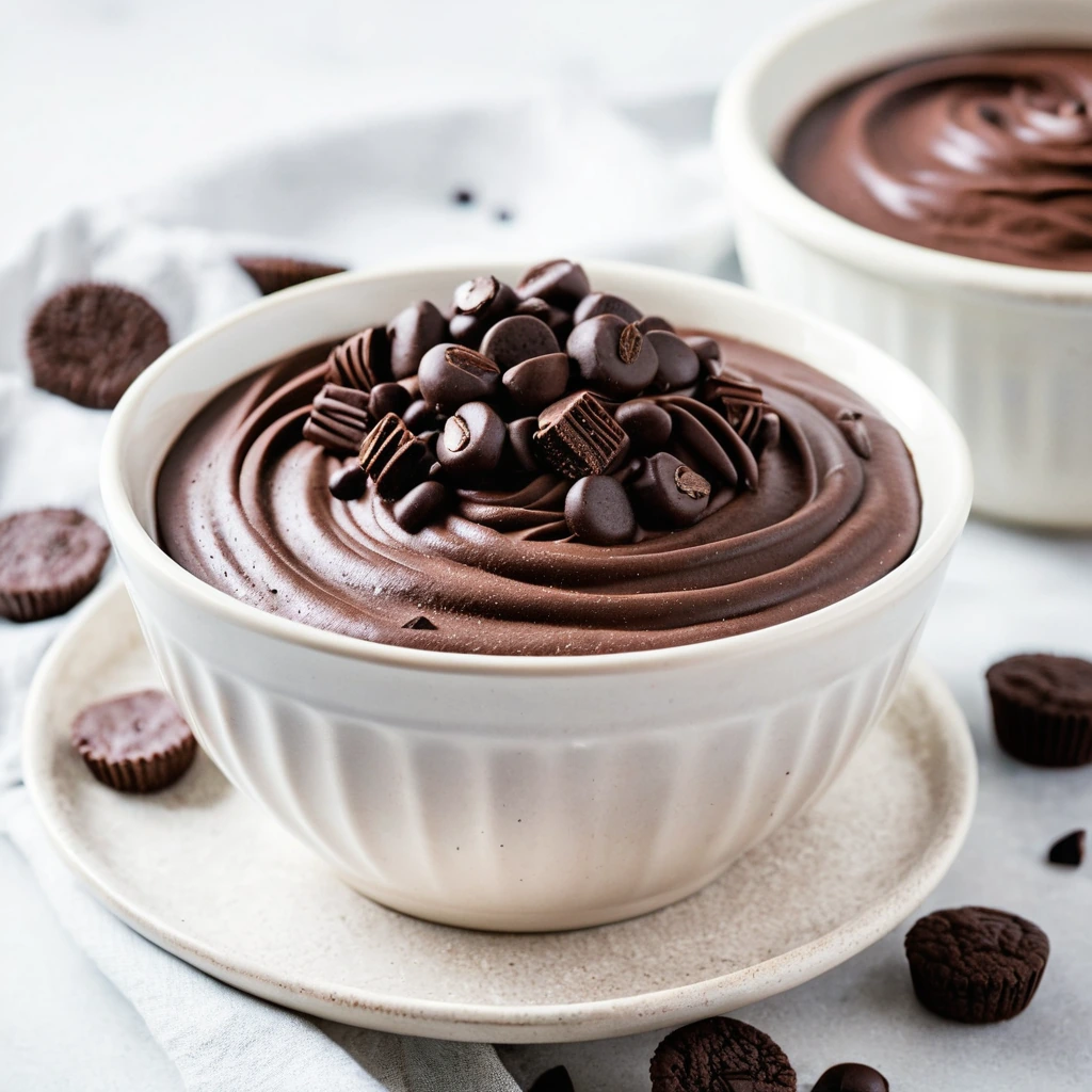 A bowl of thick, chocolatey dip with a sprinkle of chocolate chips on top served in a rustic white bowl.