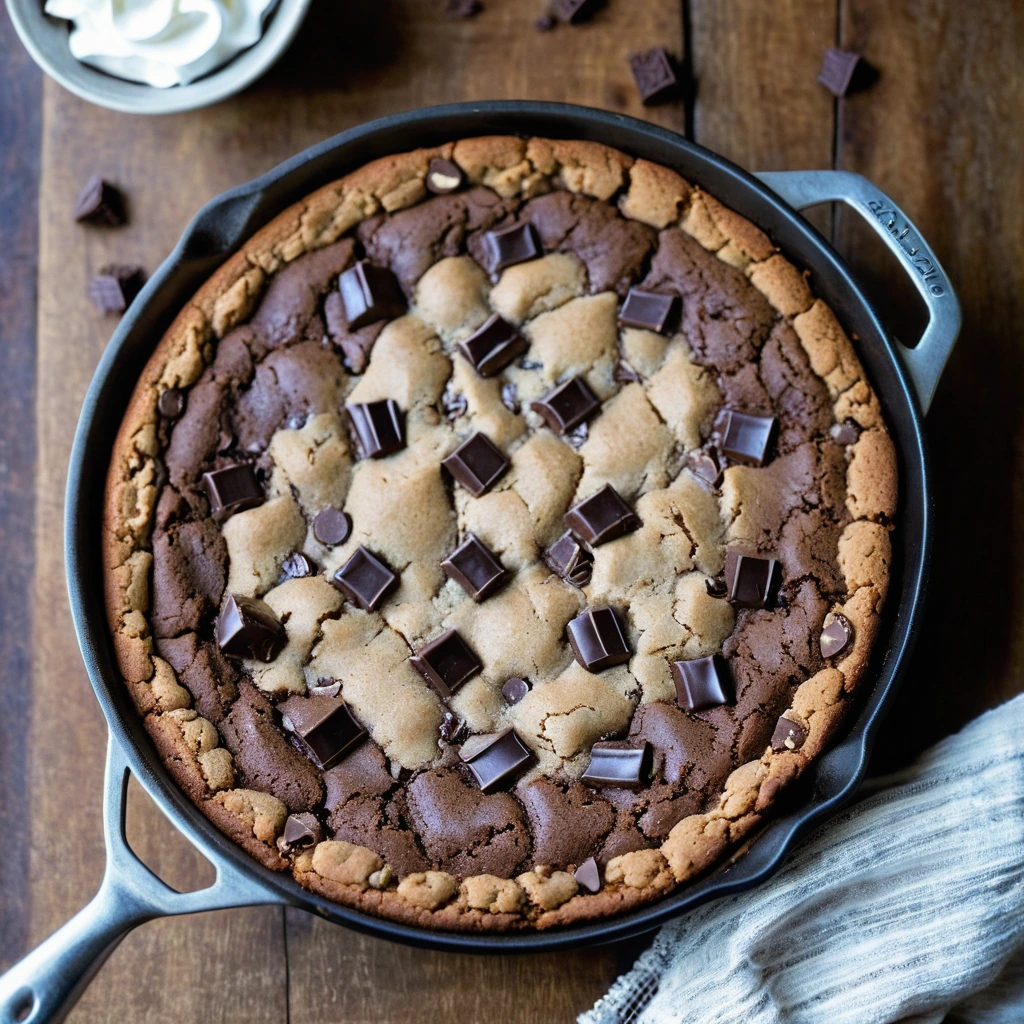 Golden-brown skillet cookie with dark, milk, and white chocolate chunks on a rustic wooden table.