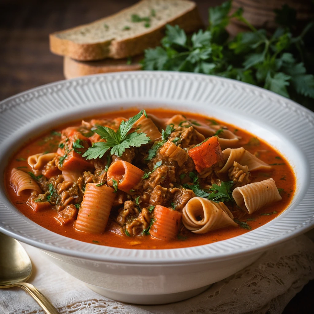 Bowl of tripe stew with tomato sauce, green parsley garnish.