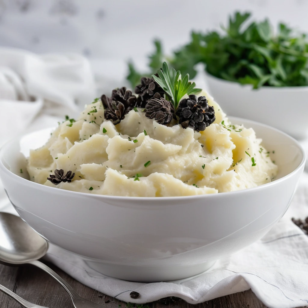 golden mashed potatoes in a white bowl, sprinkled with dark truffle pieces and fresh chives