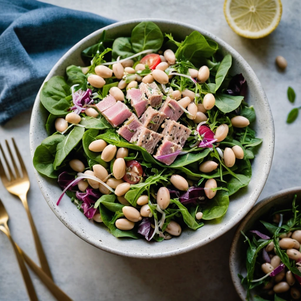Colorful salad in a rustic bowl with leafy greens, white beans, and chunks of tuna, drizzled with lemon vinaigrette.