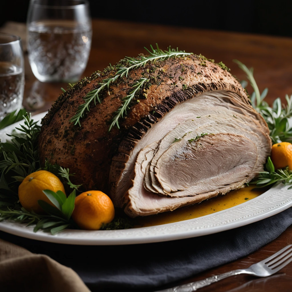 A whole roasted turducken on a platter with crispy golden skin and a sprinkle of fresh herbs.