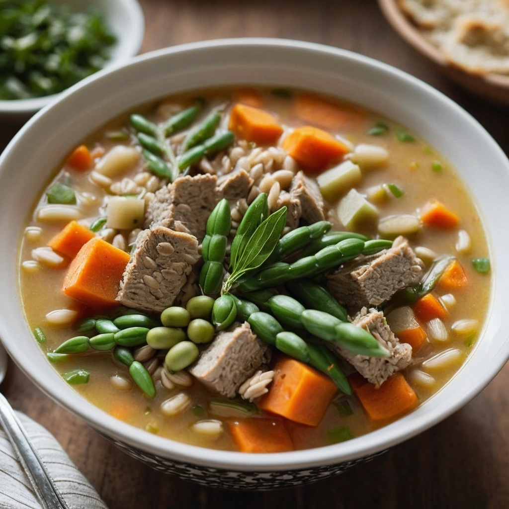 Bowl of golden soup with turkey chunks, green beans, carrots, and barley.