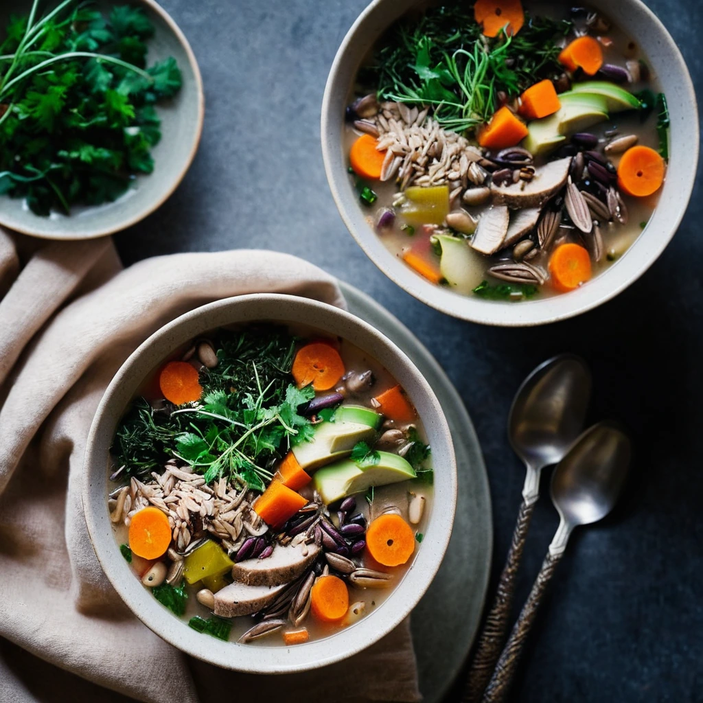 Steaming bowl of soup with chunks of turkey, wild rice, and assorted colorful vegetables.