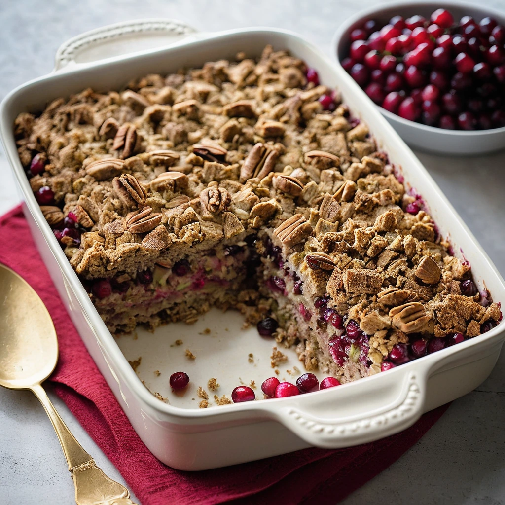 Rectangular casserole dish filled with layers of golden-brown stuffing, diced turkey, and vibrant red cranberry sauce.