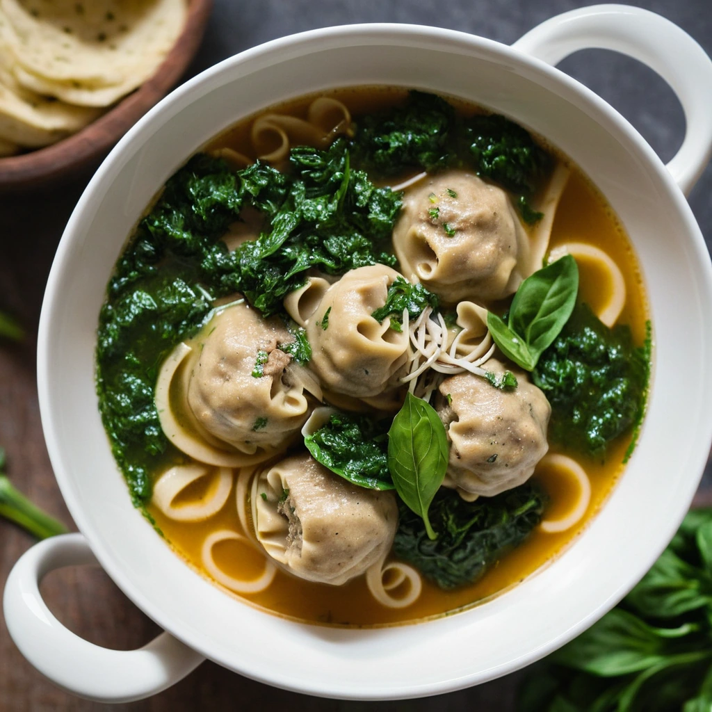 Bowl of soup with turkey meatballs, tortellini, and spinach in a golden broth, garnished with fresh parsley.