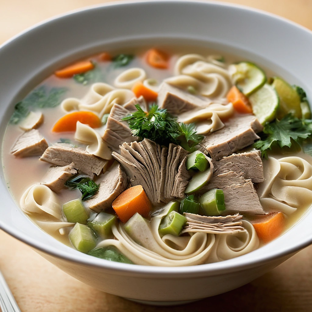 Bowl of golden turkey noodle soup with chunks of turkey and vegetables.