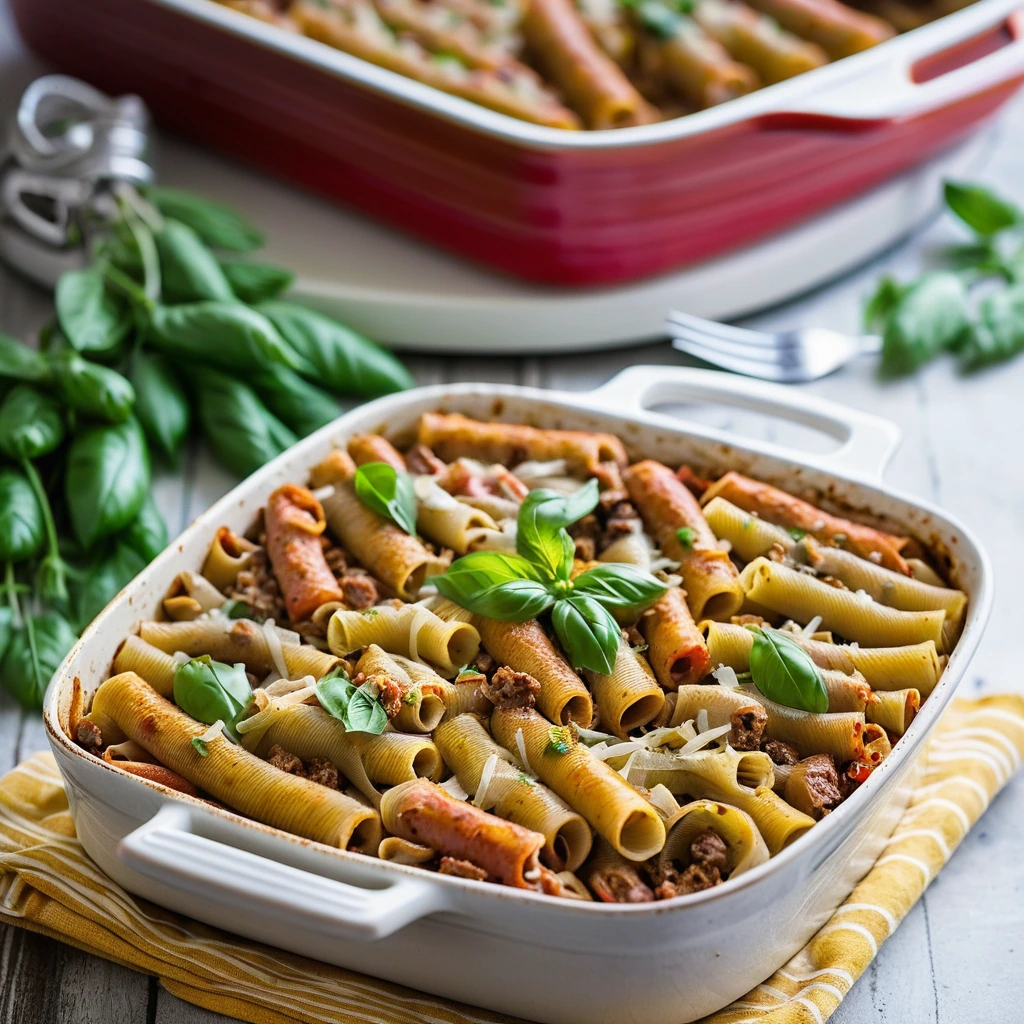 Baked pasta in a casserole dish, topped with melted cheese and flecks of green pepper.