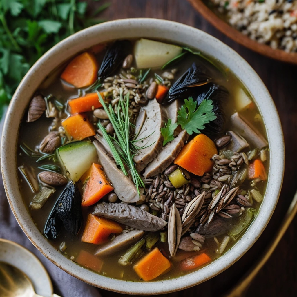 Steaming bowl of soup with chunks of turkey, wild rice, and assorted vegetables in a golden broth.