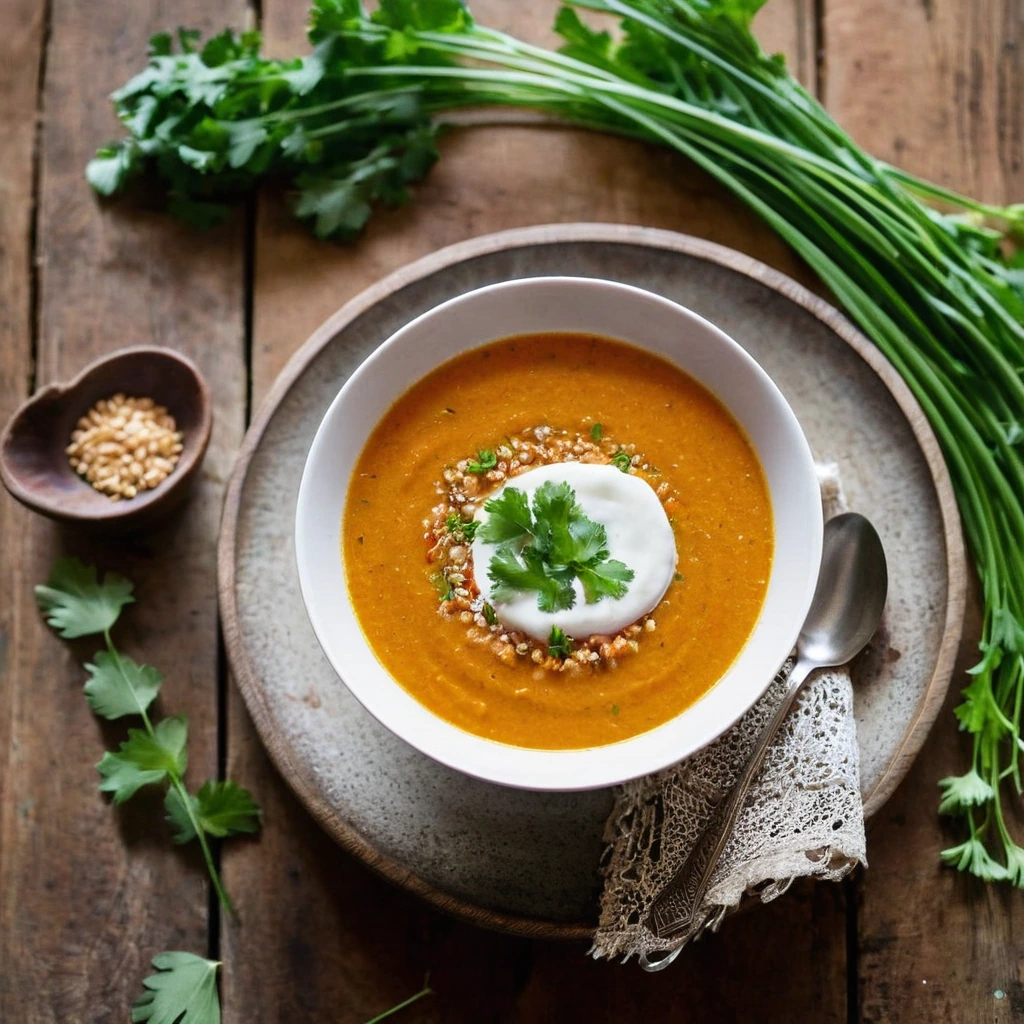 A plated serving of Turkish Red Lentil Soup