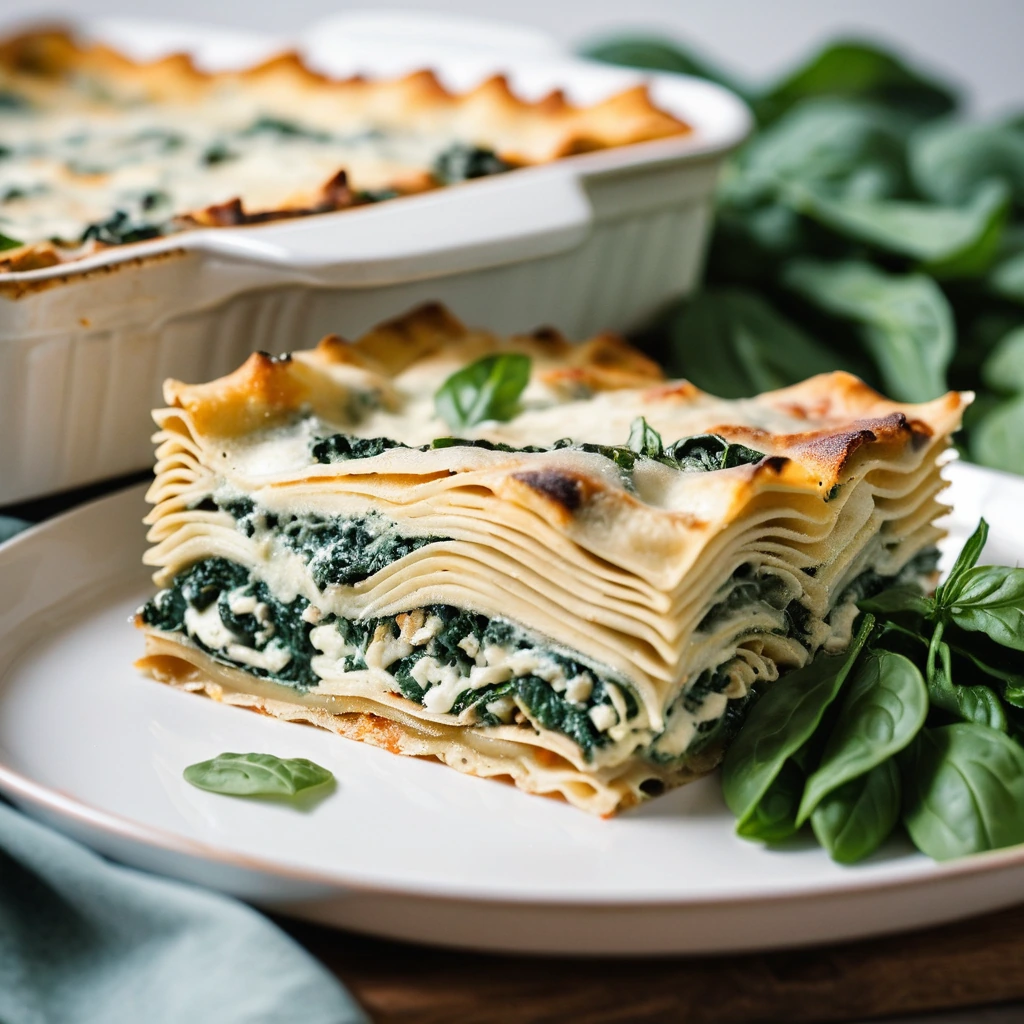 Golden lasagna slices with a green spinach layer, topped with melted mozzarella in a baking dish.