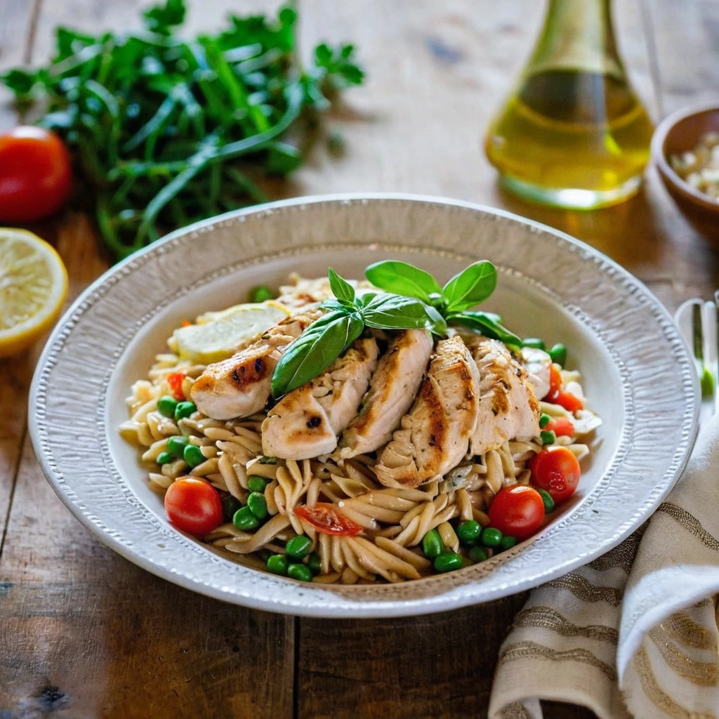 A plated serving of Tuscan Chicken Orzo