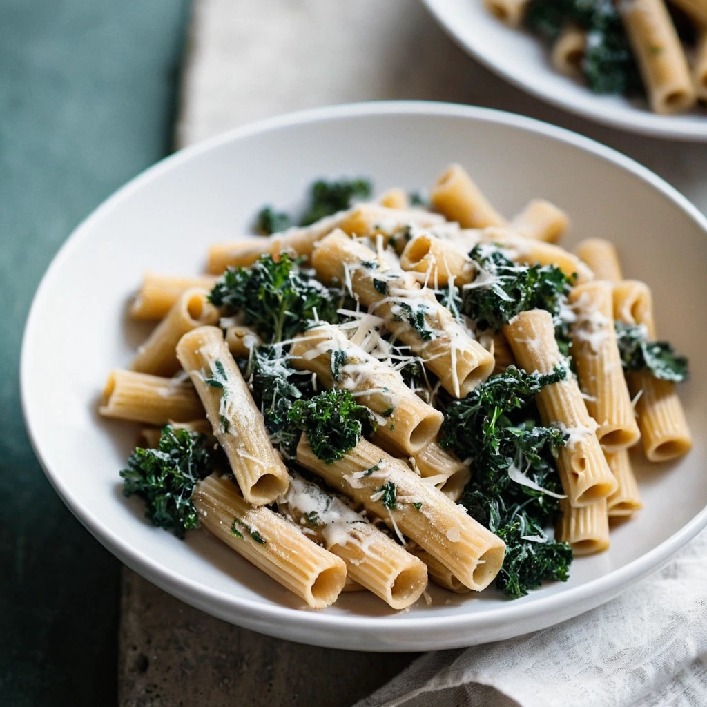 golden rigatoni pasta twirled with tender chicken and vibrant kale in a creamy white sauce, served in a rustic bowl.