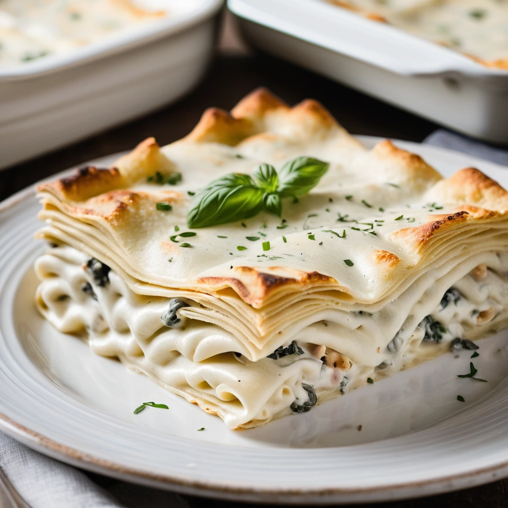 Layers of lasagna noodles, creamy white sauce, tender chicken, and melted cheese in a baking dish.