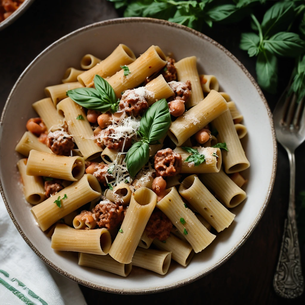 Bowl of rigatoni pasta topped with browned sausage and white beans in a vibrant red sauce, garnished with fresh parsley.