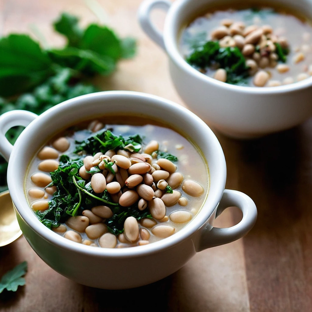 Steaming bowl of golden soup with white beans, green kale, and farro chunks
