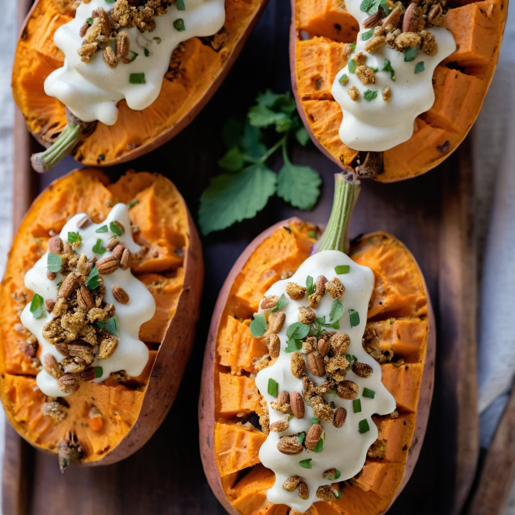 Split sweet potatoes filled with golden, cheesy mixture, topped with crispy brown cheese, arranged on a rustic wooden board.