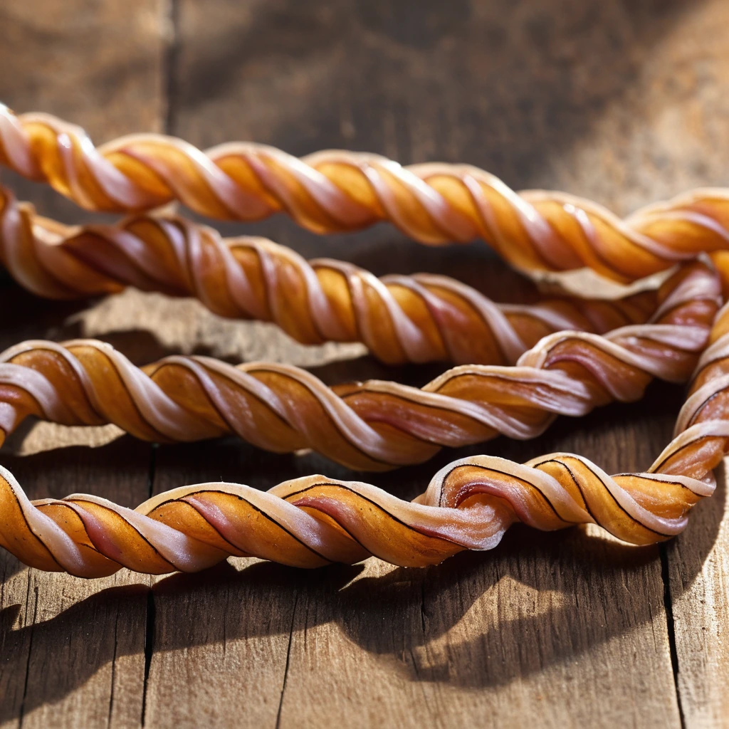 Golden-brown twisted bacon strips laid out on a rustic wooden board.
