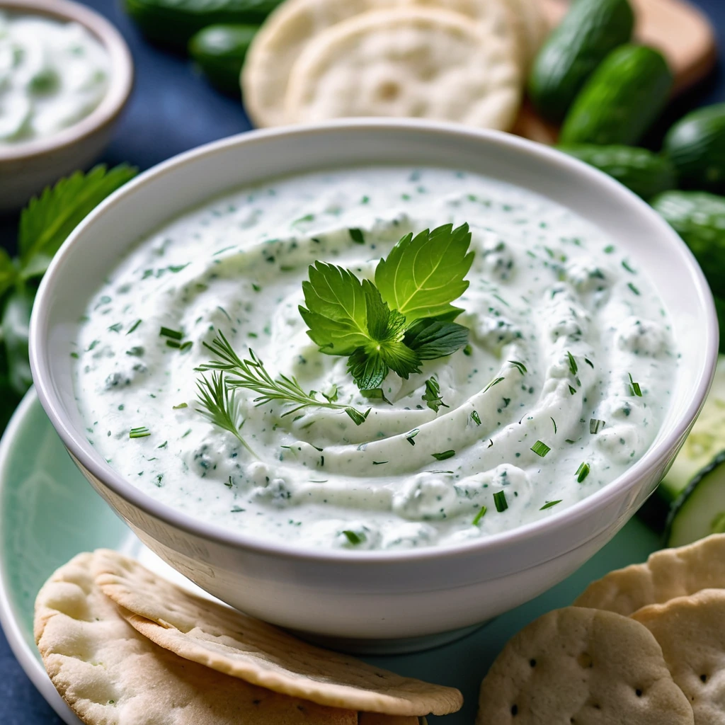 White dip in a bowl with green flecks of herbs, served with pita bread on the side.